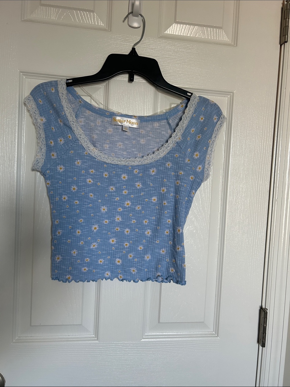 Sky Blue Daisy Crochet-Trim Ribbed Crop Top
